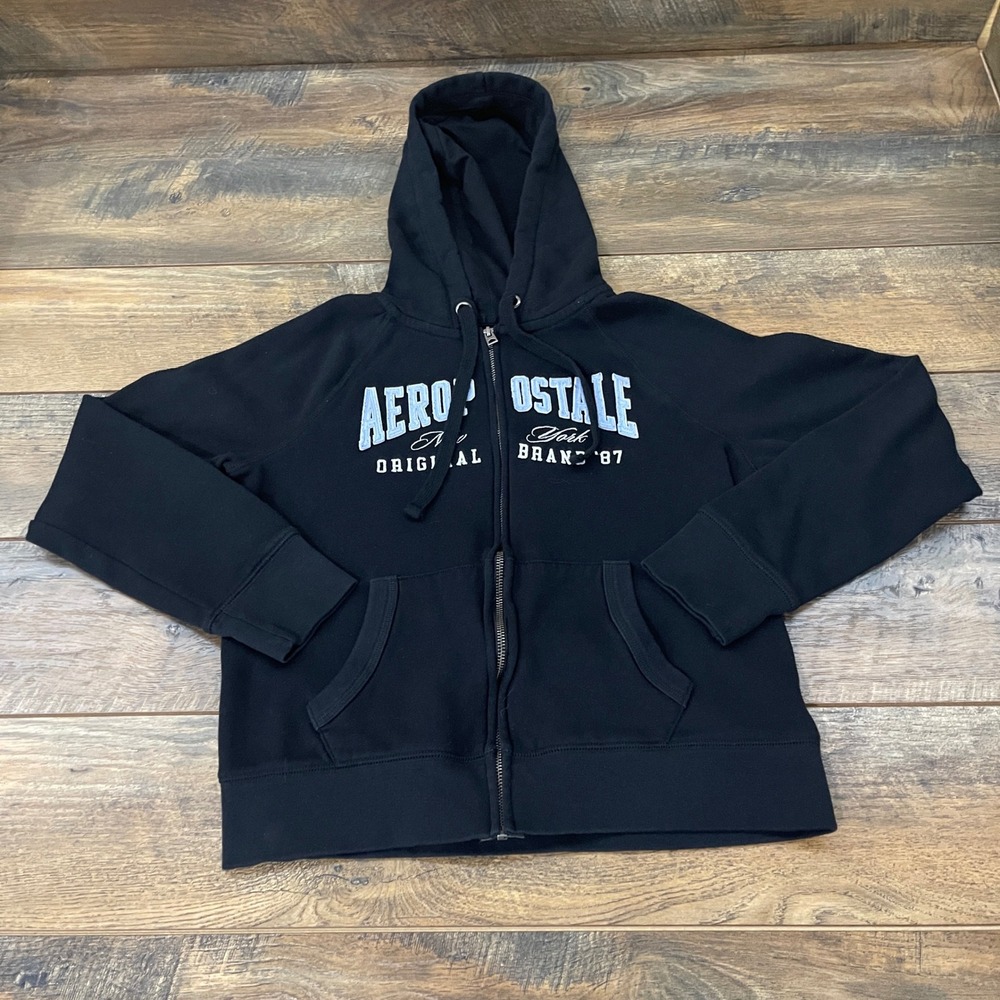 Aeropostale Womens Black Logo Full Zip Hoodie Sweatshirt NY Brand 87 Medium Y2K